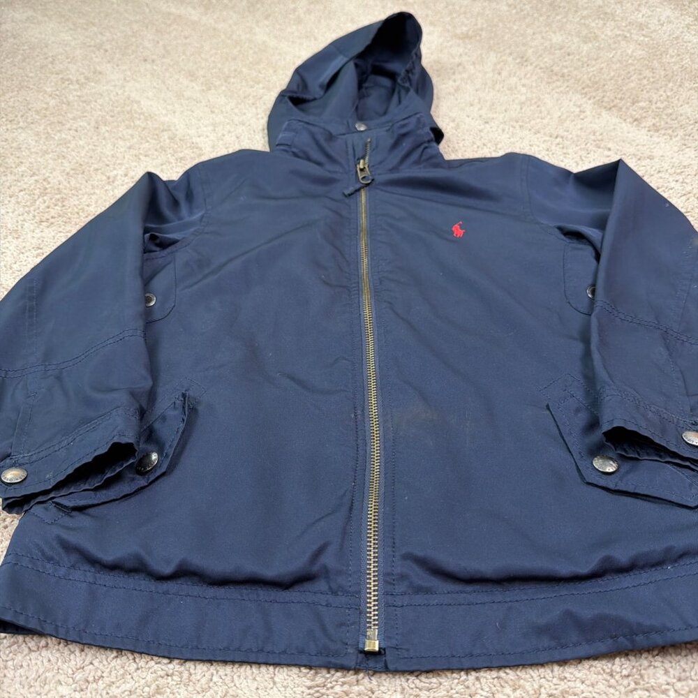 Polo Ralph Lauren Jacket Boys 7 Navy Blue Full Zip Hood Fleece Lined Preppy Vtg - Picture 2 of 10